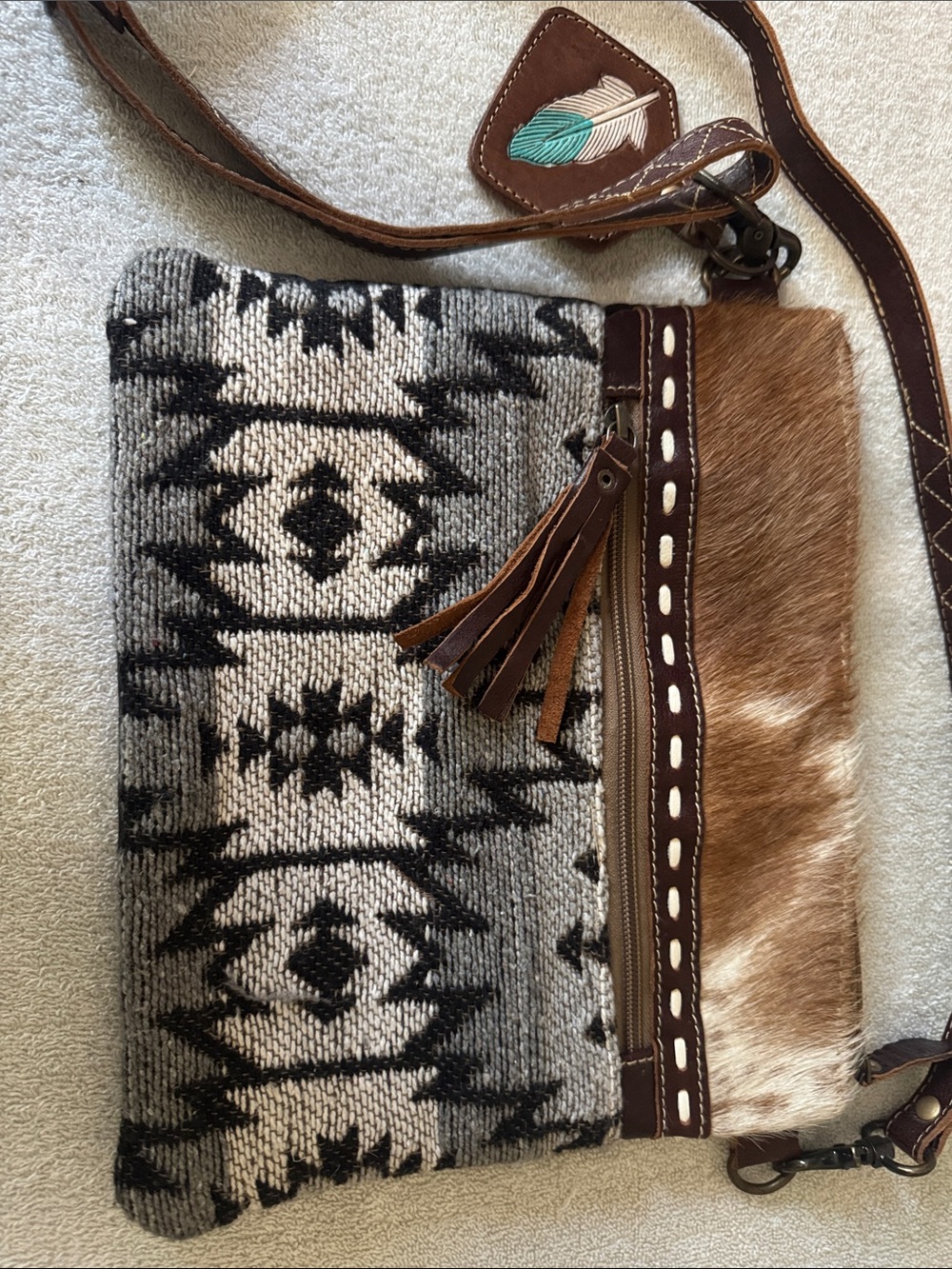 Myra Bag Gray Black and Brown Southwestern Crossbody with Haircalf Accent